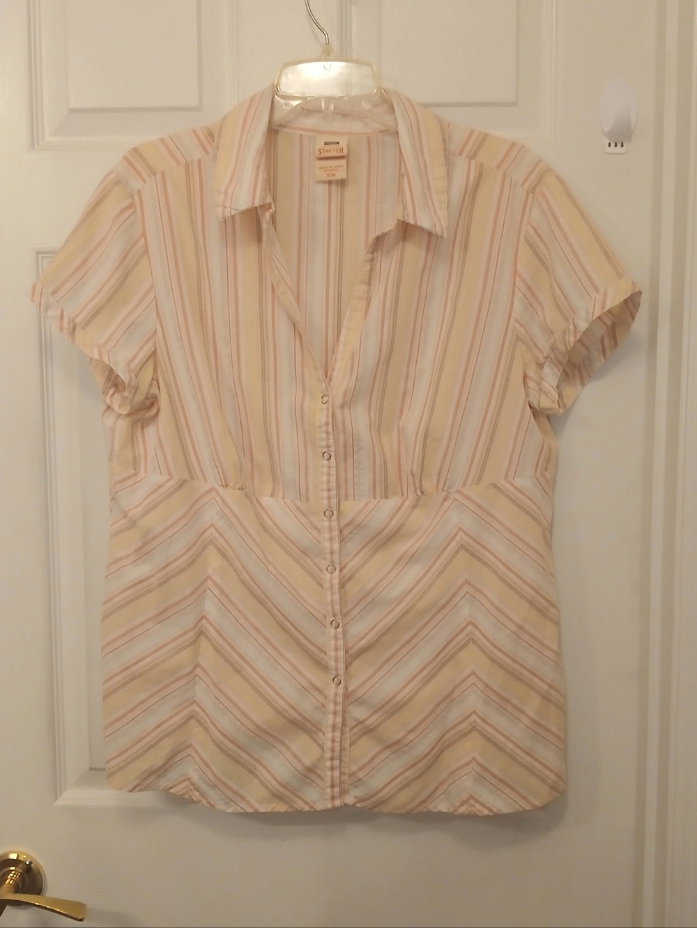 Faded Glory Snap Front Stretch Blouse Women's Size 16W Pastel Stripe Chevron Top